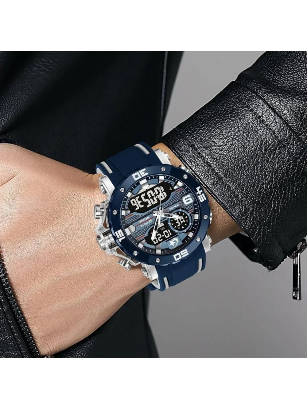Men's Blue Analog Quartz Silicone Band Waterproof Multifunction Digital Watch